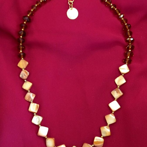 Necklace with Mother of Pearl and Brown Crystals like new, elegant handmade design