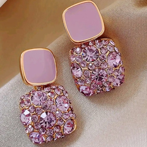 Glam square earrings lilac with zircon, new