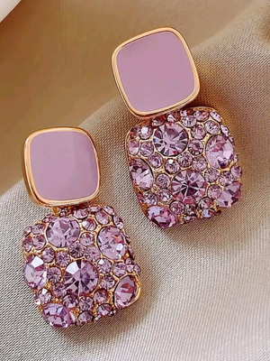 Glam square earrings lilac with zircon, new