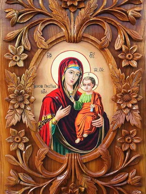 Икона ”Дева Мария с Младенеца” - дърворезба, уникат