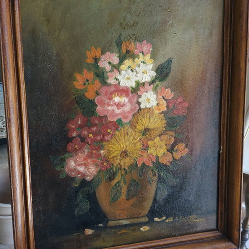 Vintage oil painting on canvas used, vase with colorful bouquet