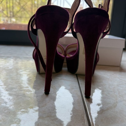 Sued high heel sandals 14cm used, red and purple, Ideal Shoes