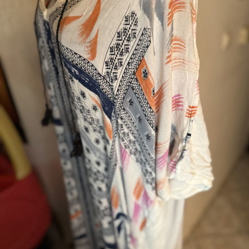 Printed summer blouse tunic used, white blue and orange tones