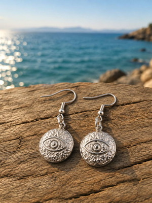 Earrings with dangling eye in silver tone, new steel