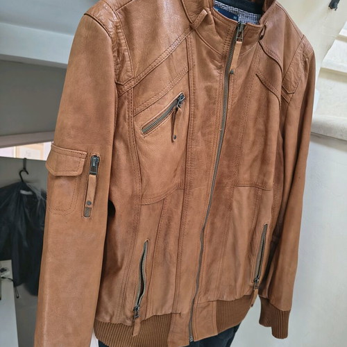Leather jacket medium like new, beige and brown