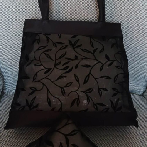 Black Satin Handbag with Lace and Small Pouch New