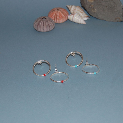 Silver earrings hoops with turquoise and coral stones, new