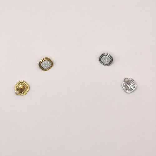 Set of 2 women's square clip-on earrings with rhinestones, gold and silver
