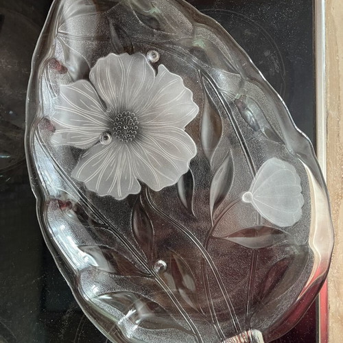 Vintage glass platter leaf-shaped with satin flowers XL used