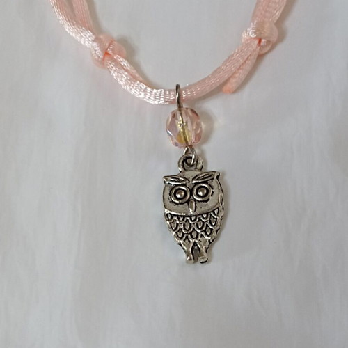 Set of 2 adjustable pink necklaces with silver owl and crown charms