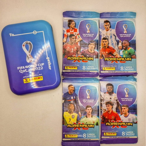 FIFA World Cup Qatar 2022 Metal Case and 4 Sealed Panini XL Adeenalyn Packs New