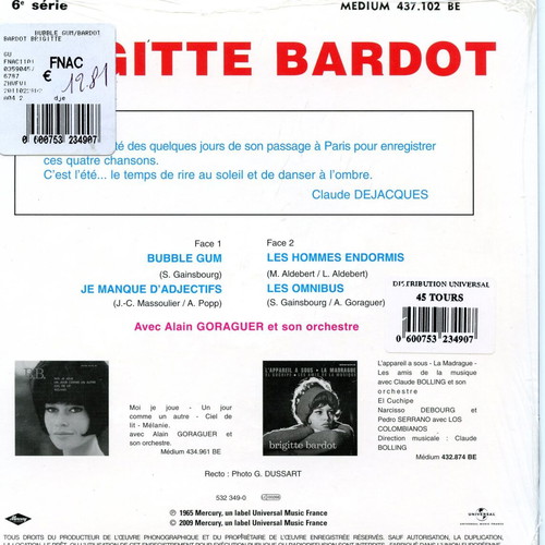 Brigitte Bardot 45 RPM record new, Mercury reissue