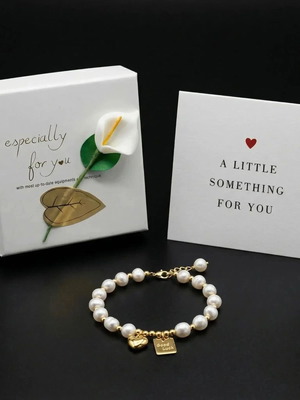 Freshwater Pearl Bracelet with Gold Charm and Engraved Good Luck Heart