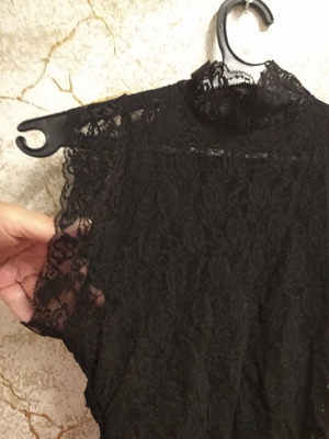 Black elastic midi lace dress, size S, high collar, hidden back zipper