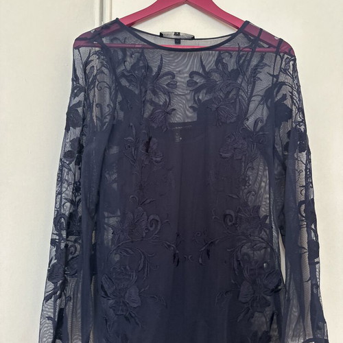 White House Black Market navy blue sheer mesh top with embroidered floral details size small new