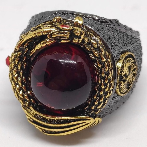 Blood Dragon's Eye Gothic men's ring, bronze with red stone and dragon relief