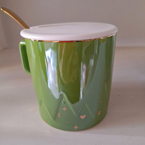 Mug 370 ml with spoon and lid, new