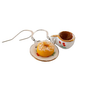 Σκουλαρίκια πορσελάνινο σετ φλυτζάνι καφέ και πιάτο με donut λουκουμά