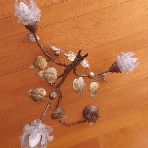 Art Nouveau 1900 French ceiling light used, gilt brass with frosted glass