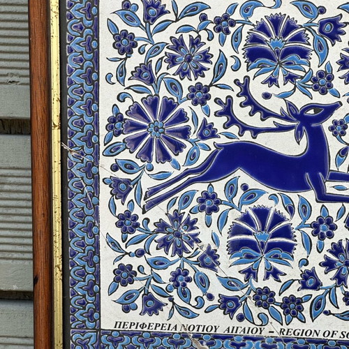Handmade ceramic tile of Rhodes used with deer and frame