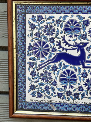 Handmade ceramic tile of Rhodes used with deer and frame