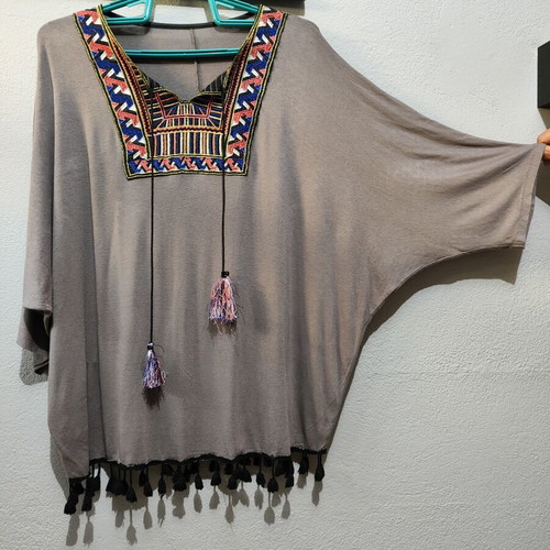 Boho blouse gray-beige with colorful embroidery and tassels like new