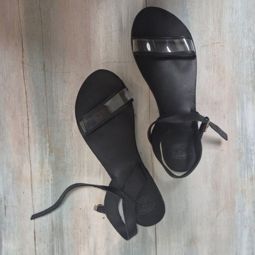 Leather black flat sandals with transparency size 40 new