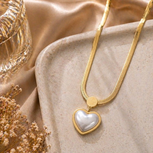 Gold heart necklace with pearl effect pendant new