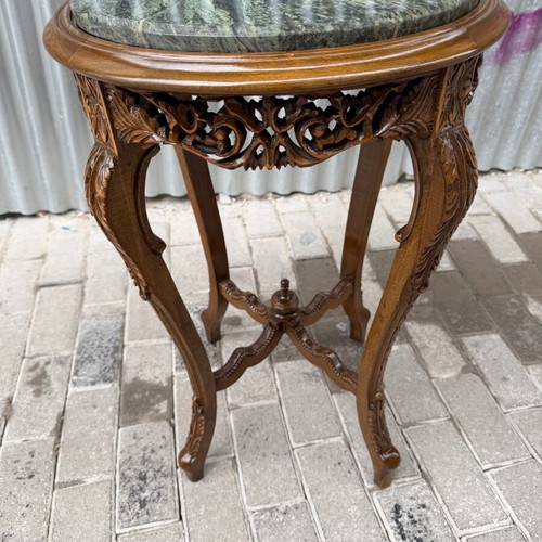 Wood Carved Side Table with Marble Like New