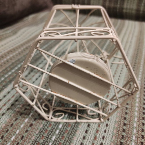 Metal cage candle holder with chain, ecru