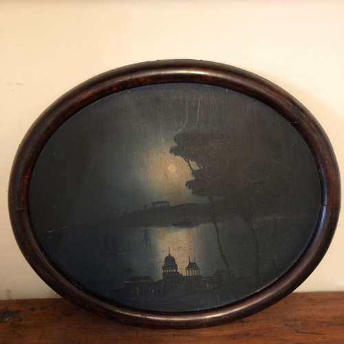 Artwork used, old seascape night painting in oval wooden frame