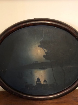 Artwork used, old seascape night painting in oval wooden frame