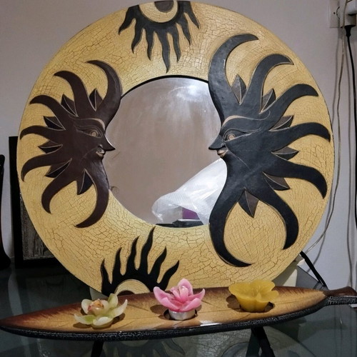 Sun mirror with candle holder used, wooden construction