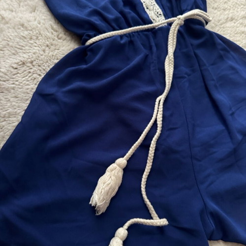 Blue jumpsuit size S like new with white knit and belt Owtwo