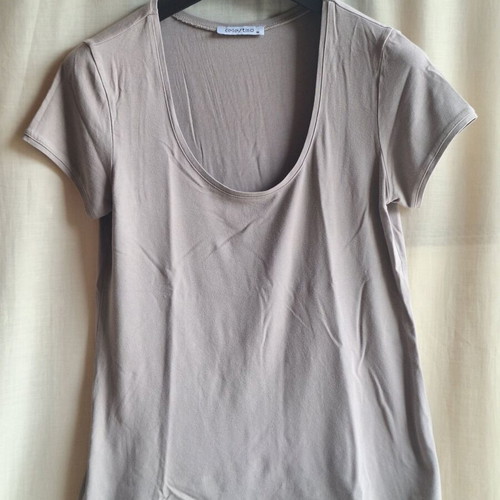 Celestino Medium Short Sleeve Top Taupe Cotton Scoop Neck Blouse like new