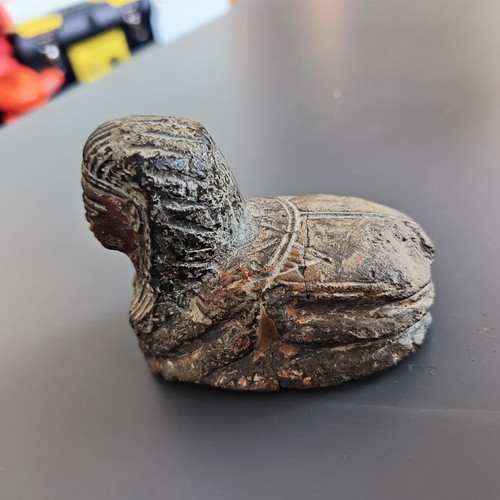 Egyptian Revival Sphinx Scarab Figurine used, hand-carved artifact replica