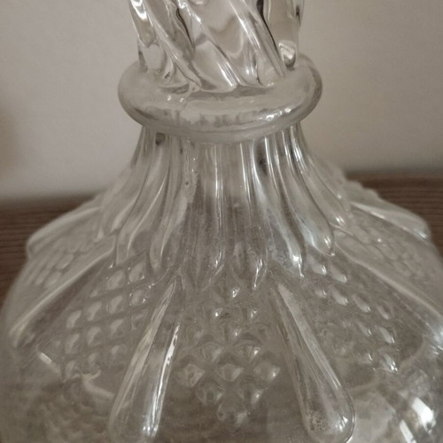 Carafe antique glass with decorative designs and original stopper, used
