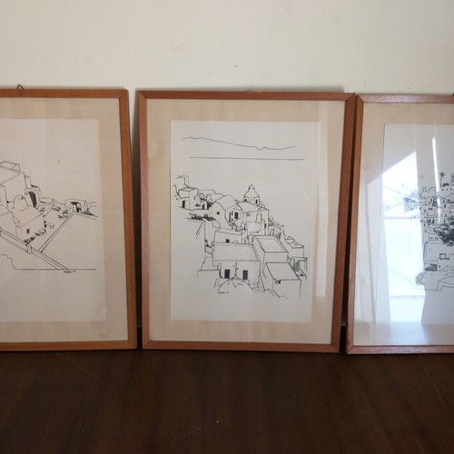 Triptych of black and white architectural prints used, Aegean settlement 1973