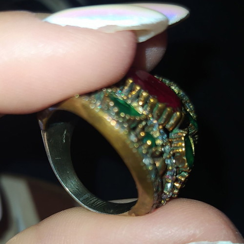 Ring decorated with rubies, emeralds and zirconia, size 7