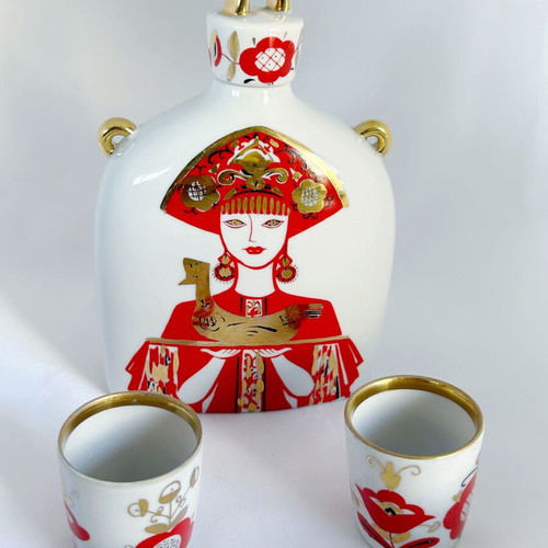 Vintage porcelain Lomonosov USSR folk art decanter set like new