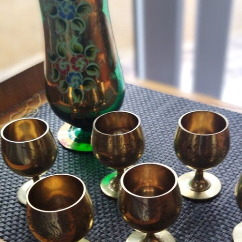 Vintage liqueur set with decanter & 6 glasses (1950s, bronze/copper)