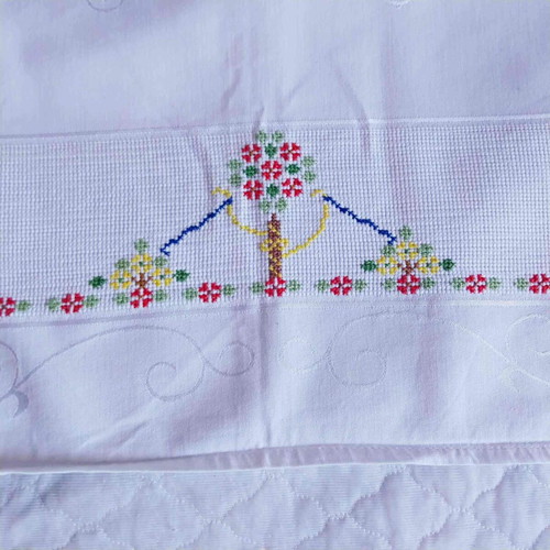 Vintage Austrian tablecloth like new, white with colorful embroidery