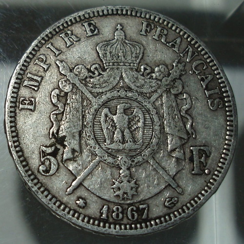 5 Francs Coin 1867 France Napoleon III used