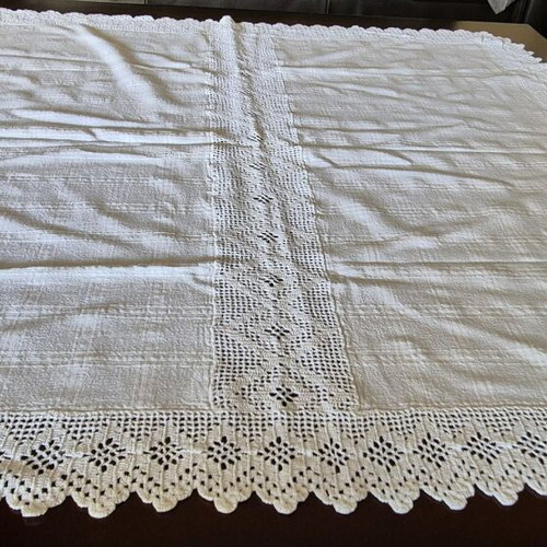 Linen square with handmade crochet lace new, beige 90x90cm