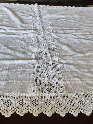 Linen square with handmade crochet lace new, beige 90x90cm