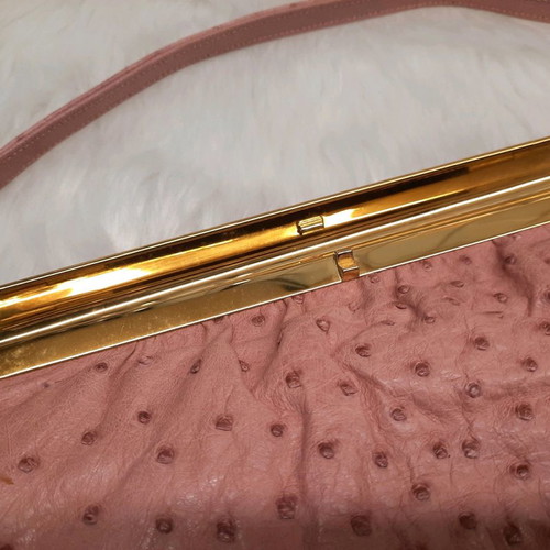 Vintage handbag made of genuine pink ostrich leather new