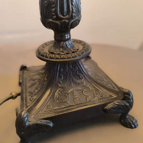 Vintage table lamp with brass and solid metal base, beige shade