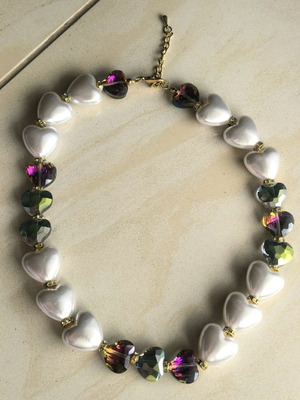 Statement necklace with pearl and iridescent acrylic hearts, like new