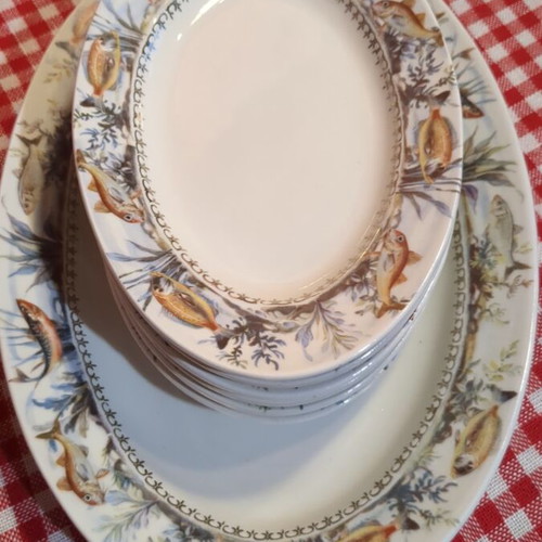 Porcelain fish-themed serving platter set like new, 1 large and 6 small oval plates