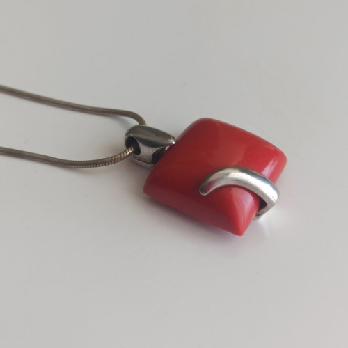 Silver 925 Necklace with Red Coral Pendant 50 cm like new
